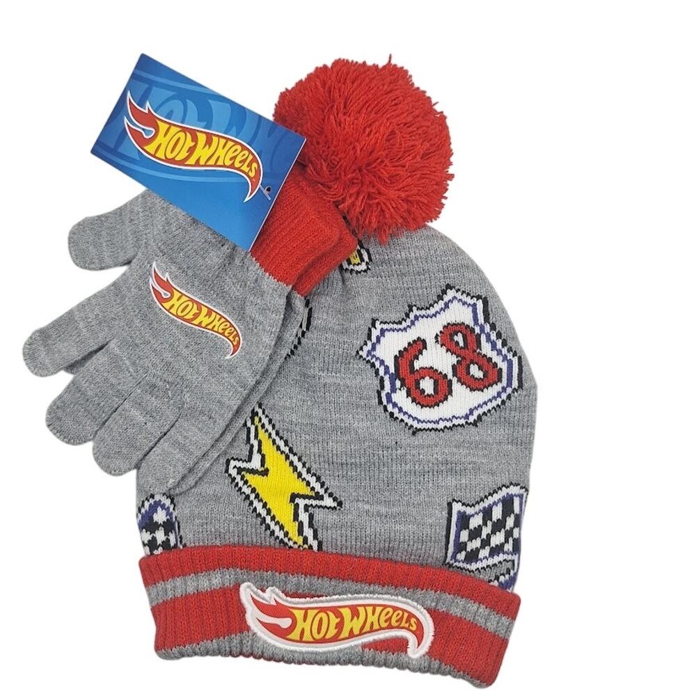 Hot Wheels Youth Kids Grey Beanie & Gloves Winter Set NEW Warm Hat Gift